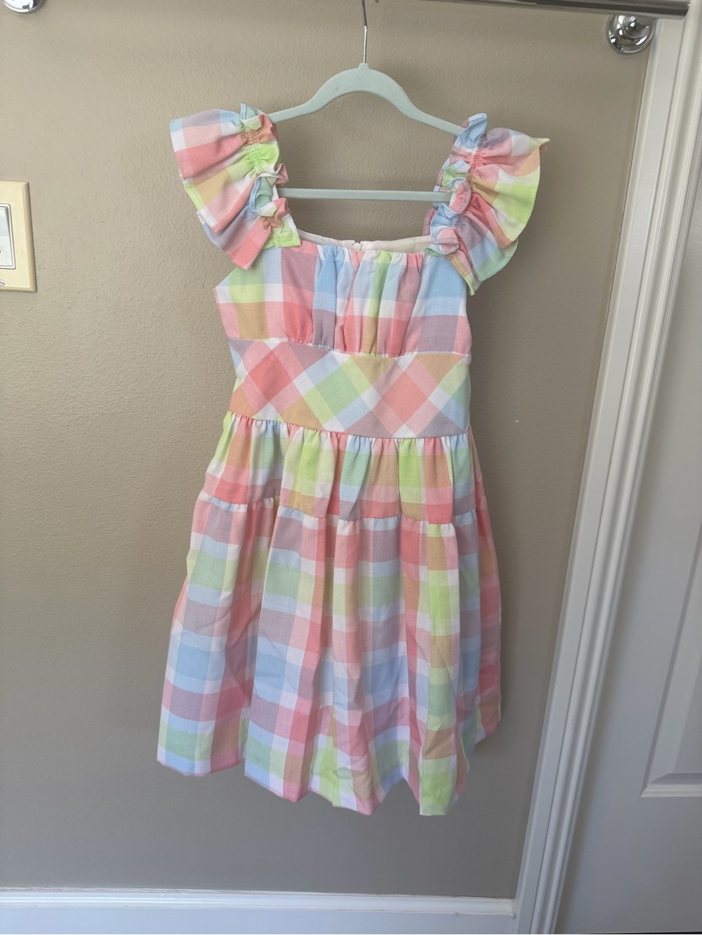 Bonnie Jean Pastel Pink Blue Green Plaid Ruffle-Sleeve Dress